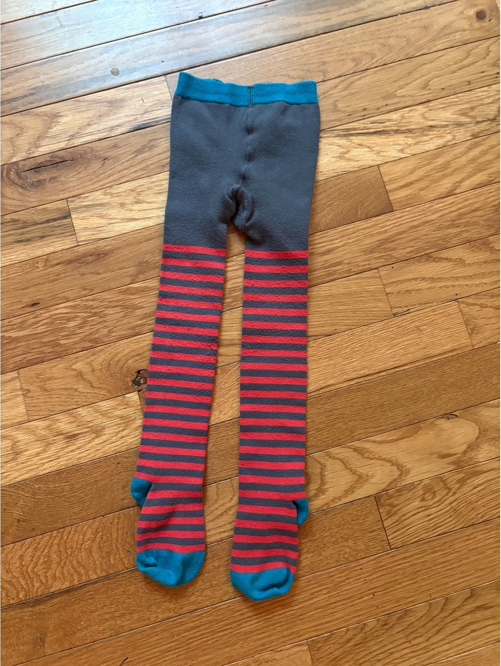 Mini Boden Girls' 4-5Y Striped Grey and Red Cotton Tights with Teal Accents